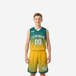 Back detail of green and gold youth basketball uniform set showing white player name above outlined number 00 on teal upper panel