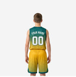 Back view of green and gold youth tournament basketball uniform set showing player name and number on jersey and matching shorts