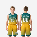 Opposite side view of custom youth tournament basketball uniforms showing gold shorts with teal V-notch hem trim and shorts number