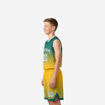 Youth tournament basketball uniforms in teal green to gold gradient with team name arc and number 00 on front, full set side view
