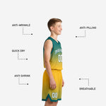 Side view of youth tournament basketball uniform set in teal green and gold gradient with teal armhole binding and wide armhole cut