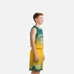 Size and specification sheet for youth tournament basketball uniform set in teal green and gold sublimated gradient design