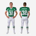 Size and specification sheet for custom youth tournament football uniforms in green and white sublimated polyester