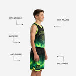 Back view of youth travel basketball uniforms showing back name and number placement on black sublimated jersey with neon green flame graphic