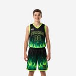 Youth travel basketball uniforms in black and neon green flame sublimation design, V-neck jersey and matching shorts, front view showing team name and number