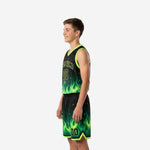 Second side view of custom printed youth basketball uniforms in black and neon green flame design on youth boy model