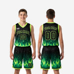 Size and specification sheet for black and neon green youth travel basketball uniforms showing youth sizing and print zone details