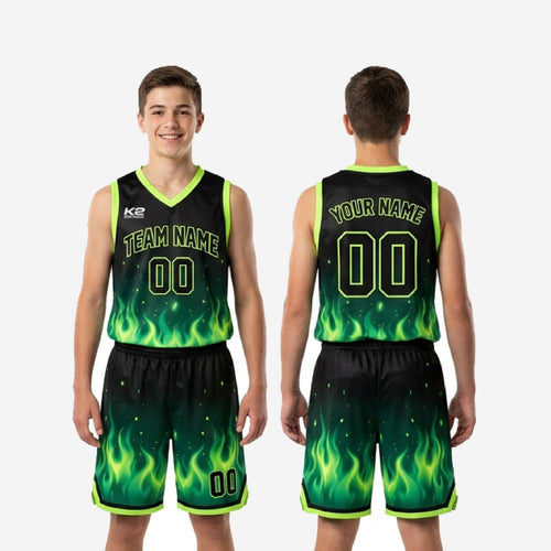 Size and specification sheet for black and neon green youth travel basketball uniforms showing youth sizing and print zone details