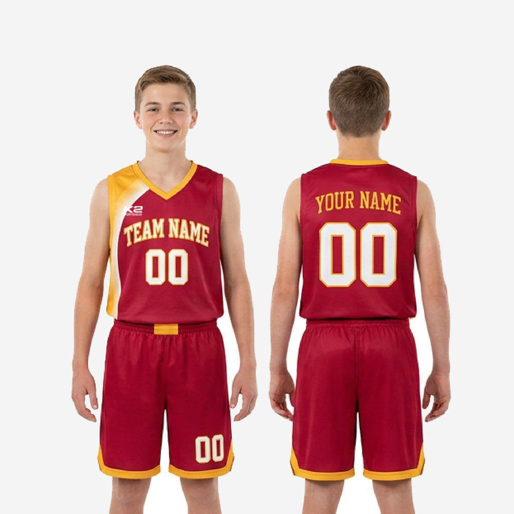 Custom Maroon Youth Basketball Uniforms for 10U-12U - Gold Set