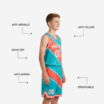 Back view of custom youth travel basketball uniforms in teal and coral showing back number and player name placement on sleeveless jersey