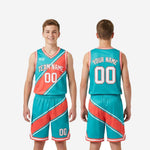 Youth travel basketball uniform size and specification sheet for teal and coral diagonal stripe jersey and shorts set