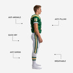 Back view of green and gold youth travel football uniform showing back number and nameplate area above number