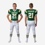 Close detail of sublimated green jersey with gold side panel trim and white V-neck collar on youth football uniform