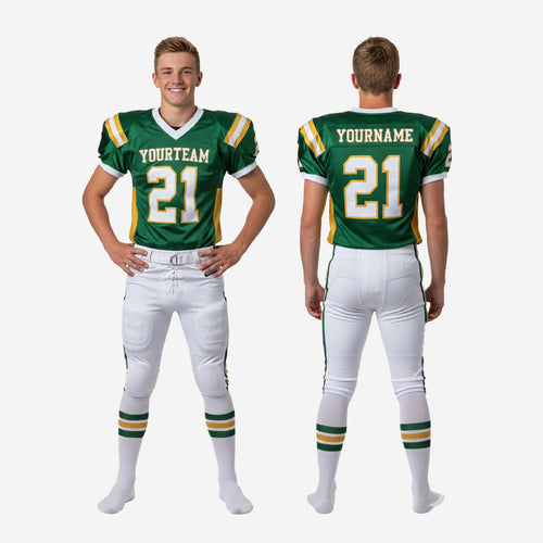 Close detail of sublimated green jersey with gold side panel trim and white V-neck collar on youth football uniform