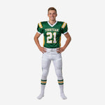 Youth travel football uniforms in green and gold with white pants, front view showing team name and number 21 on chest