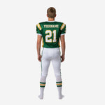 Right side view of custom green and gold youth football uniform showing sleeve cuff detail and pant stripe